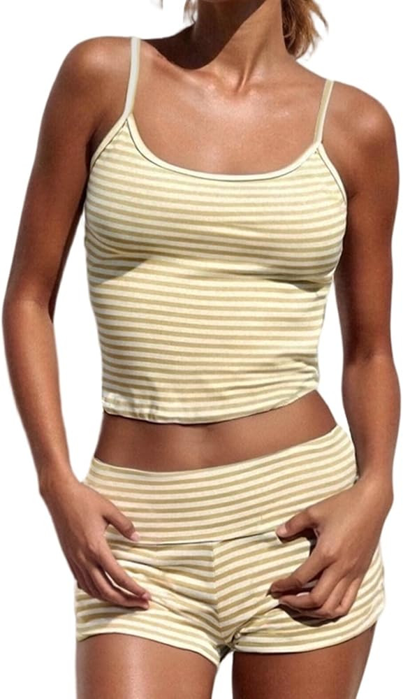 DSORVICD Women Y2K Striped Pajama Set Sleeveless Slim Crop Cami Tank Fold Over Shorts Teen Girls ... | Amazon (US)