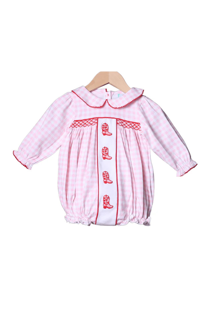 Sweet Cowgirl Boots Pink Gingham Bubble | The Smocked Flamingo