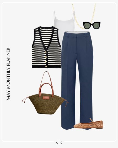 Monthly outfit planner: MAY: Spring and Summer looks | striped sweater vest, navy trouser, woven ballet flats, tote bag

See the entire calendar on thesarahstories.com ✨ 


#LTKStyleTip