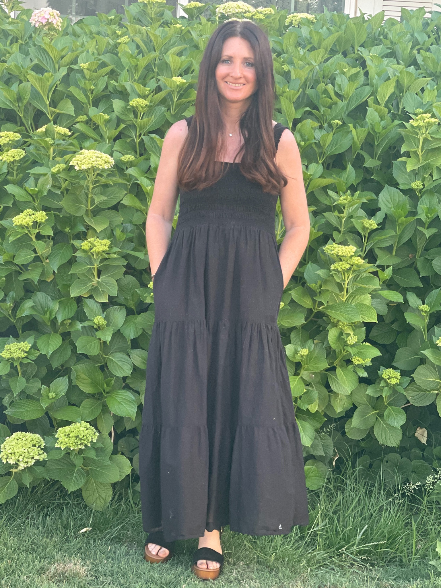 Black smocked maxi dress. Must have smocked maxi dress with pockets. Casual black maxi dress with wedge sandals. I love that this dress is lined, so I don’t have to wear a slip! Summer outfit. Vacation outfit. Summer date night outfit. Summer date night dress. Winery outfit. Brunch maxi dress. Summer brunch outfit. 💗

#LTKshoecrush #LTKFind #LTKstyletip