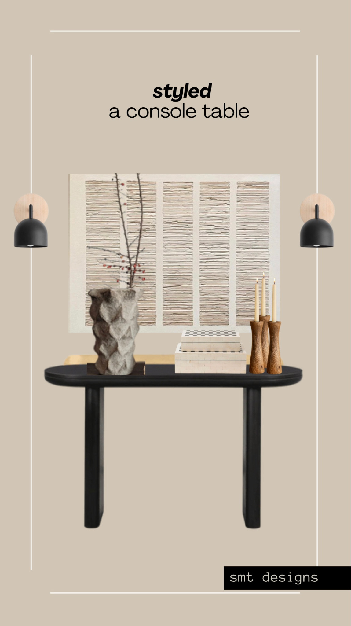 Console table styling decor board

Black console table, wabi sabi wall art, wood tapered candle holders, black and wood sconce, large asymmetrical vase, stacked checkered boxes

#LTKstyletip #LTKhome #LTKFind
