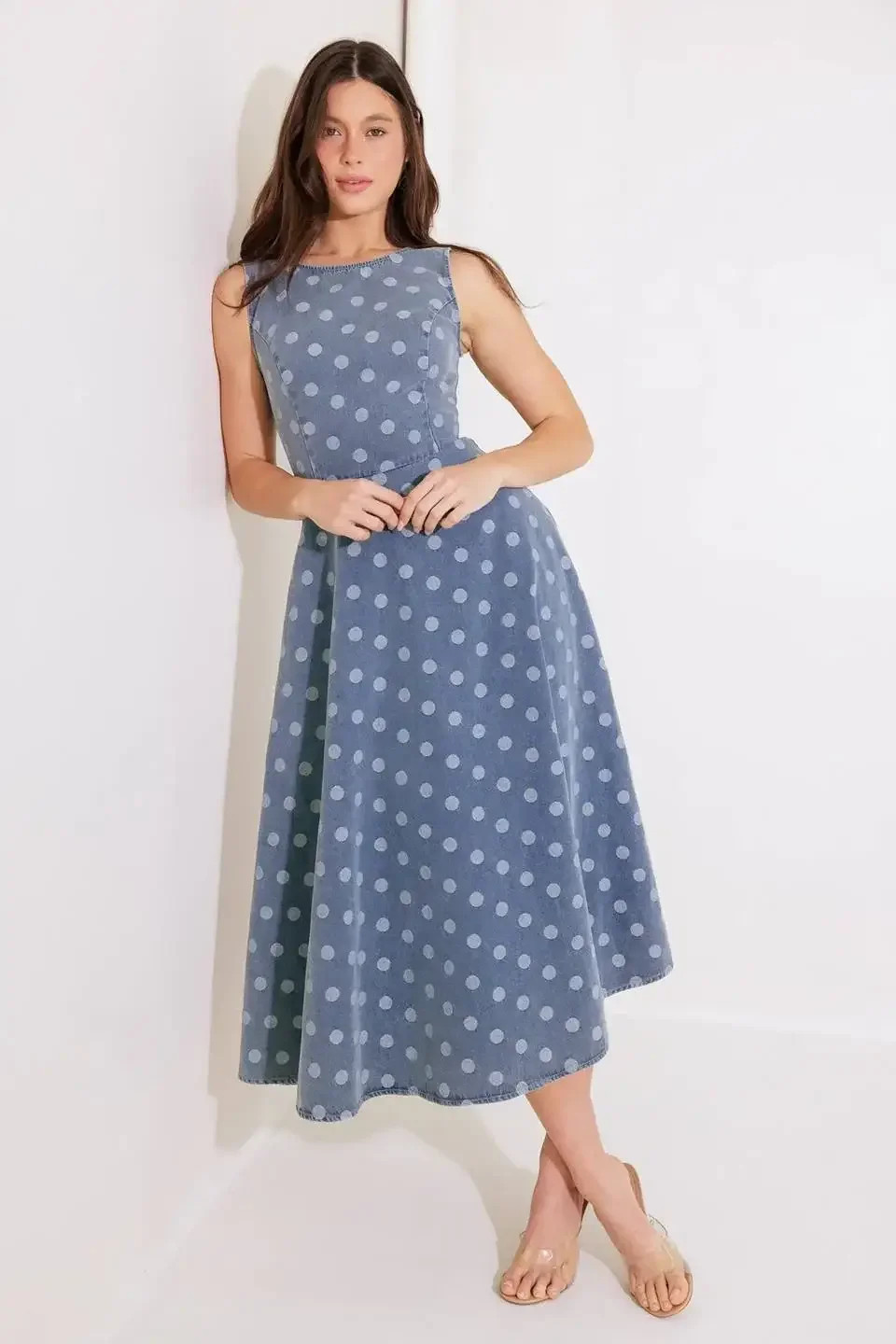 TOO SWEET - POLKA DOT DENIM MIDI DRESS | Lady Black Tie