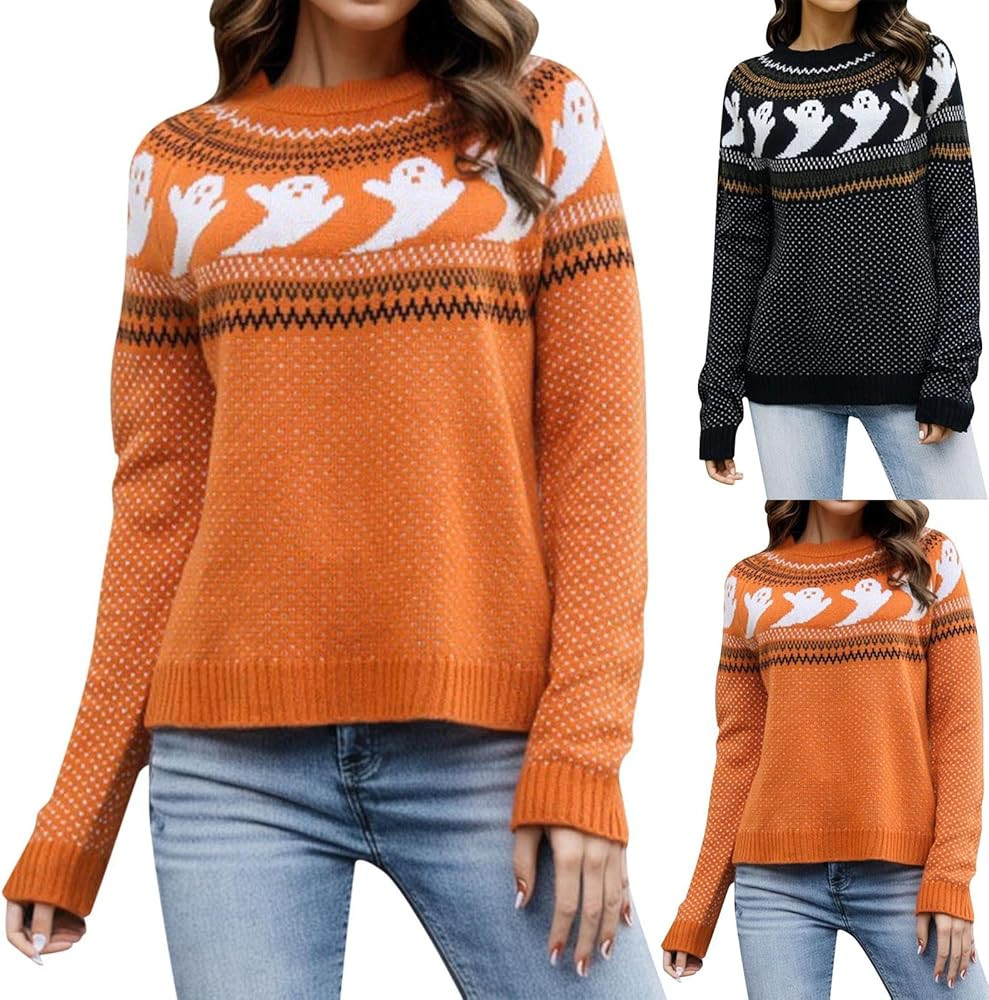 Halloween Sweater for Women Gothic Casual Ghost Pattern Pullover Sweater Long Sleeve Cable Knit C... | Amazon (US)