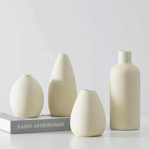 CEMABT Beige Ceramic Vase Set - 4 Small Vases for Flowers, Unique Flower Vases for Centerpieces, Decorative Modern Vases for Home Decor Table Entryway Bookshelf(Beige) | Amazon (US)