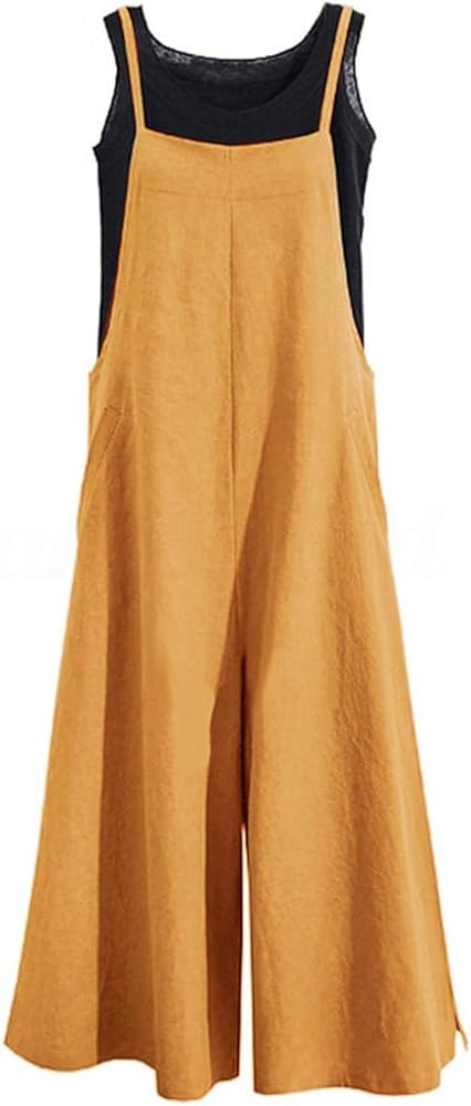YESNO Women Casual Loose Long Bib Pants Wide Leg Jumpsuits Baggy Cotton Rompers Overalls with Poc... | Amazon (US)