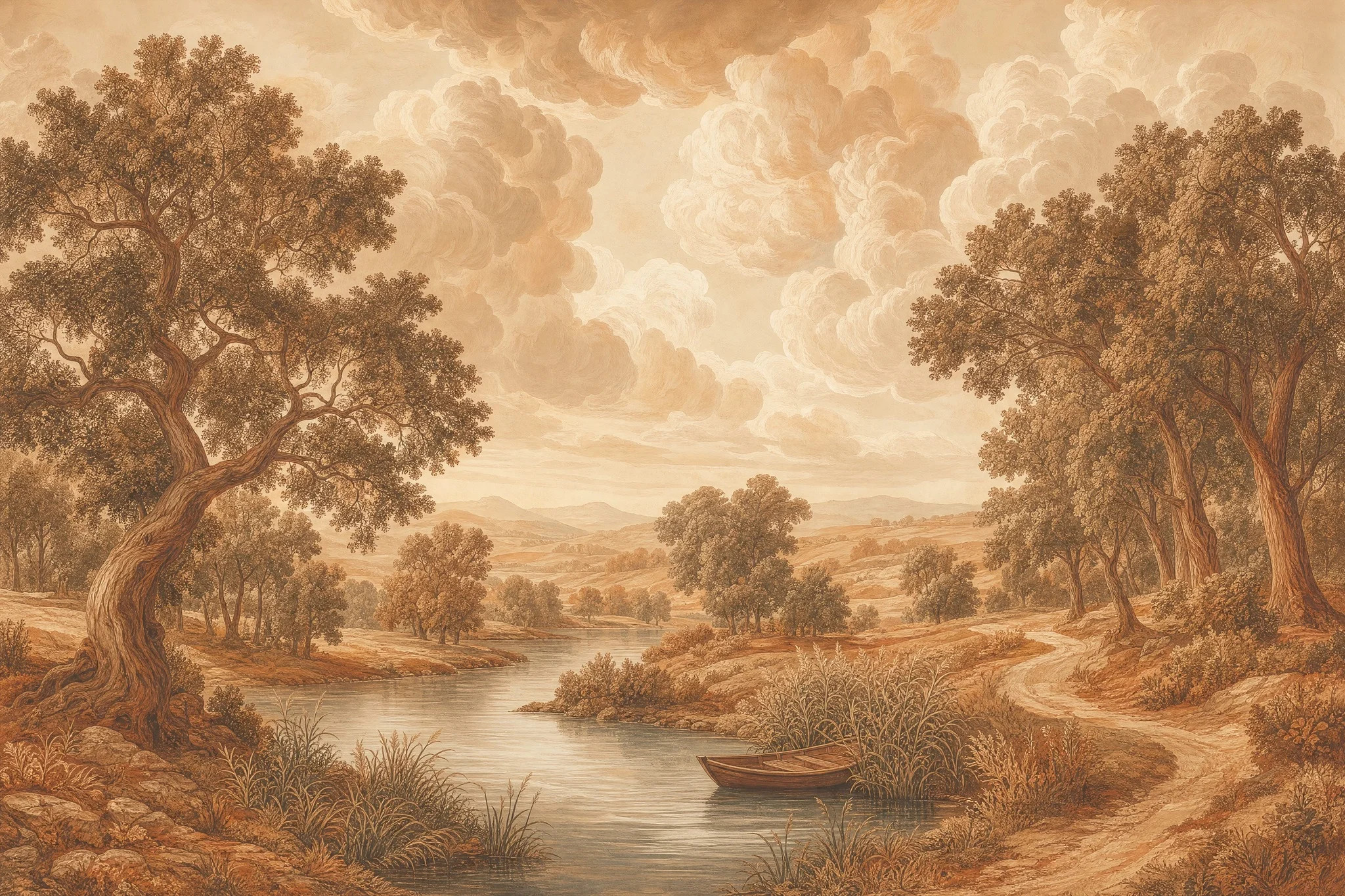 Sepia Landscape Wallpaper Pastoral Countryside River And Reeds Wall Mural | Wayfair North America