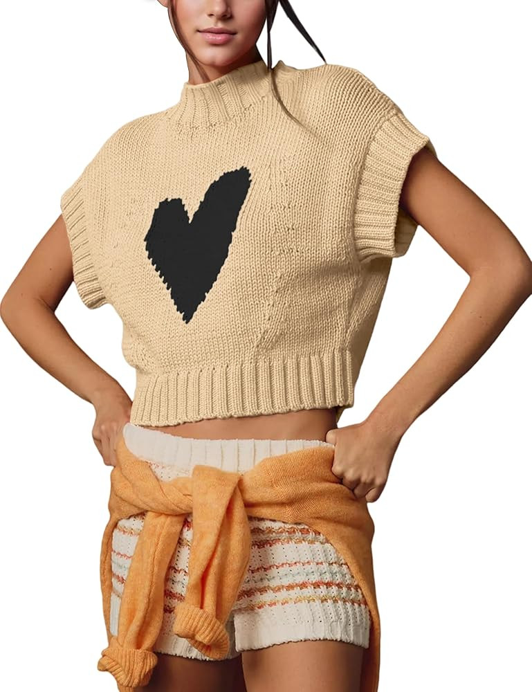 Womens Sweater Vest Mock Neck Cap Sleeve Sweater Tank Tops Cute Heart Knit Cropped Pullover Top | Amazon (US)