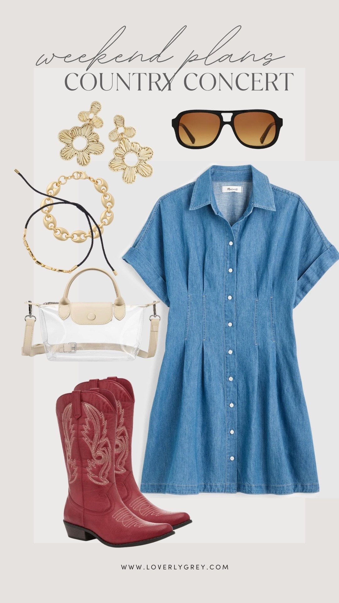 Loverly Grey, what to wear to a country concert! A denim shirtdress from Madewell paired with these cute red boots from DSW. I added some statement jewelry to complete this fun concert look! Loverly Grey, what to wear, country concert, cowboy boots, denim dress

#LTKSeasonal