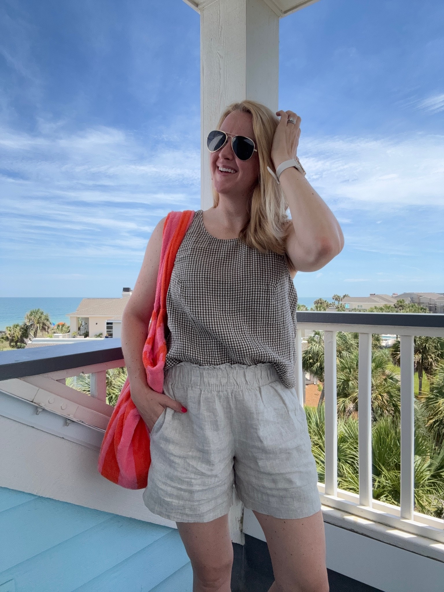 Casual beach day outfit - cotton gauze tank top in gingham check brown & linen khaki shorts

Beach bag is terry cloth striped tote - fits all the things for kids and mom life!

#LTKmomlife #LTKdayinmylife #LTKSeasonal