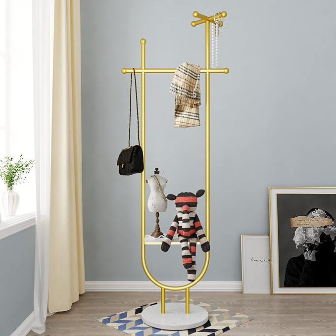 TIEOU Stylish Gold Coat Rack Stand, Modern Clothing Rack with Shelves, Gold Hat Hanger for Hangin... | Amazon (US)
