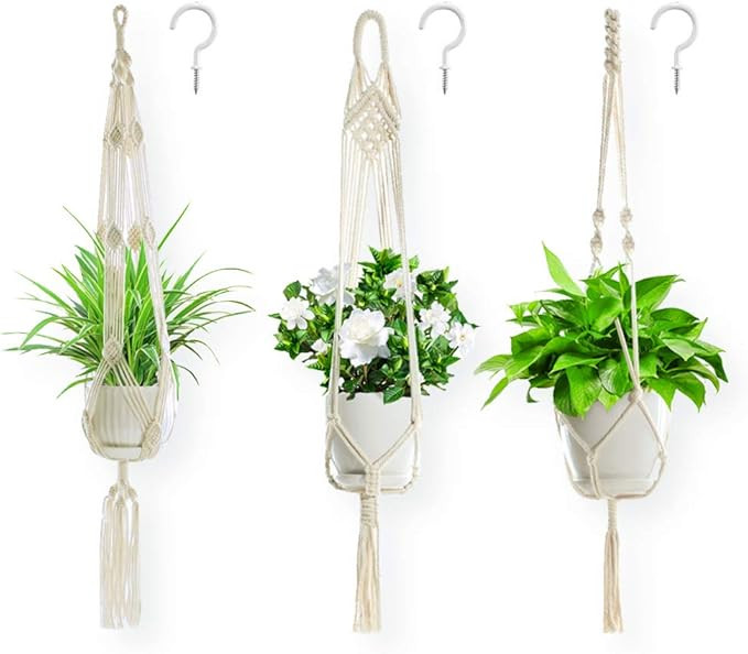 3 Pack Macrame Plant Hanger with 3 Hooks Indoor Outdoor Hanging Planter Basket Set Cotton Rope Fl... | Amazon (US)