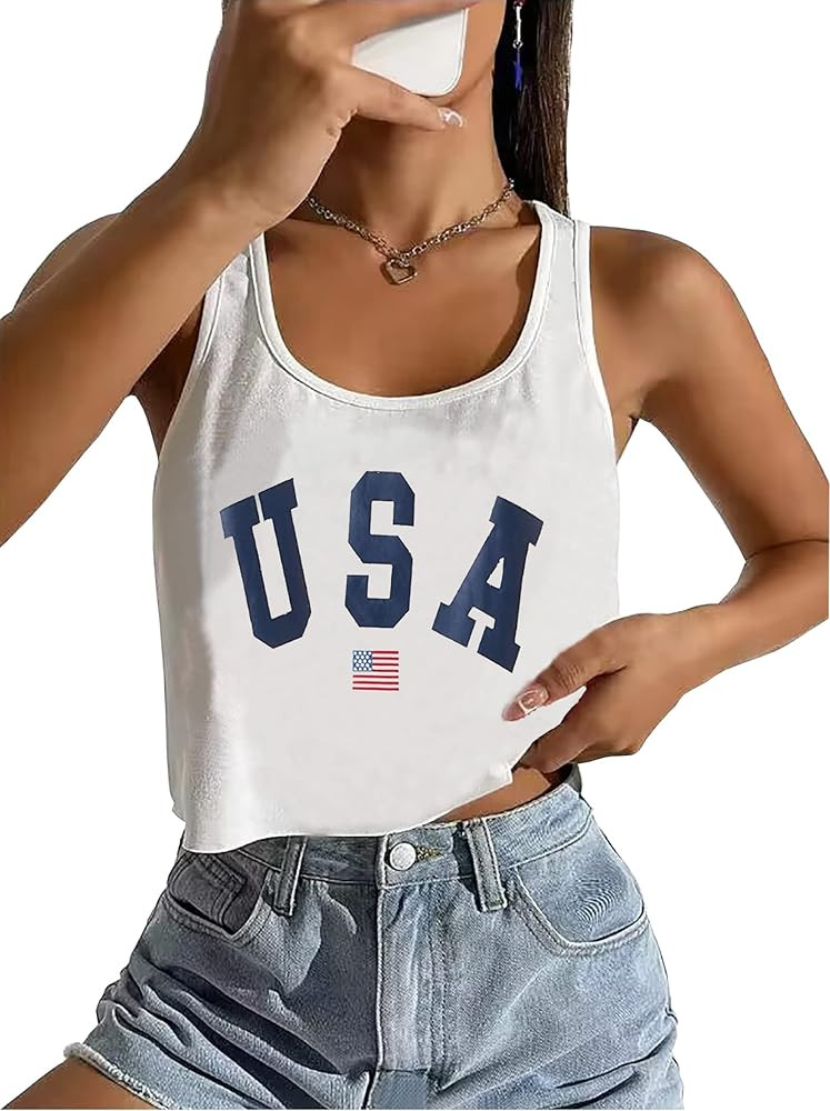 USA Flag Crop Tank for Womens 4th of July Patriotic Graphic Tanks Summer Sleeveless Shirt Tops | Amazon (US)