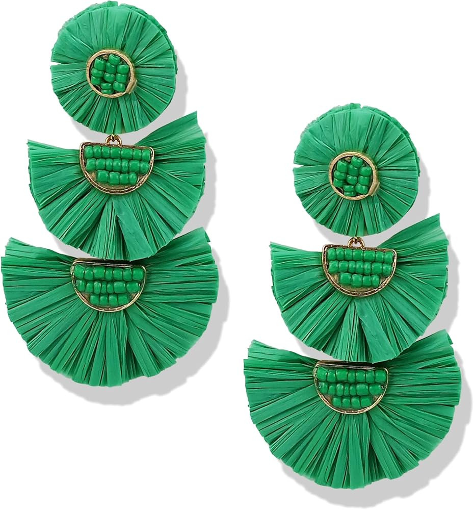 Statement Earrings Beaded Raffia Palm Bohemian Drop Dangle Earrings for women | Amazon (US)