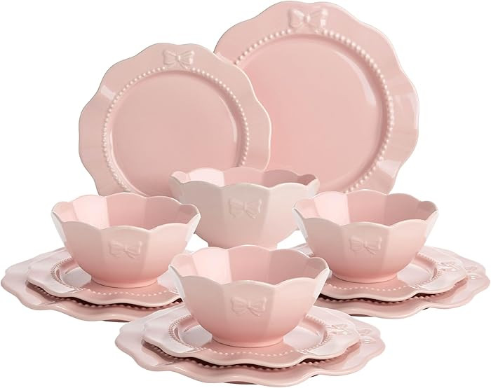 Paris Hilton 12-Piece Dinnerware Set, Embossed Bow Design, Iconic Ceramic Stoneware Service for 4... | Amazon (US)