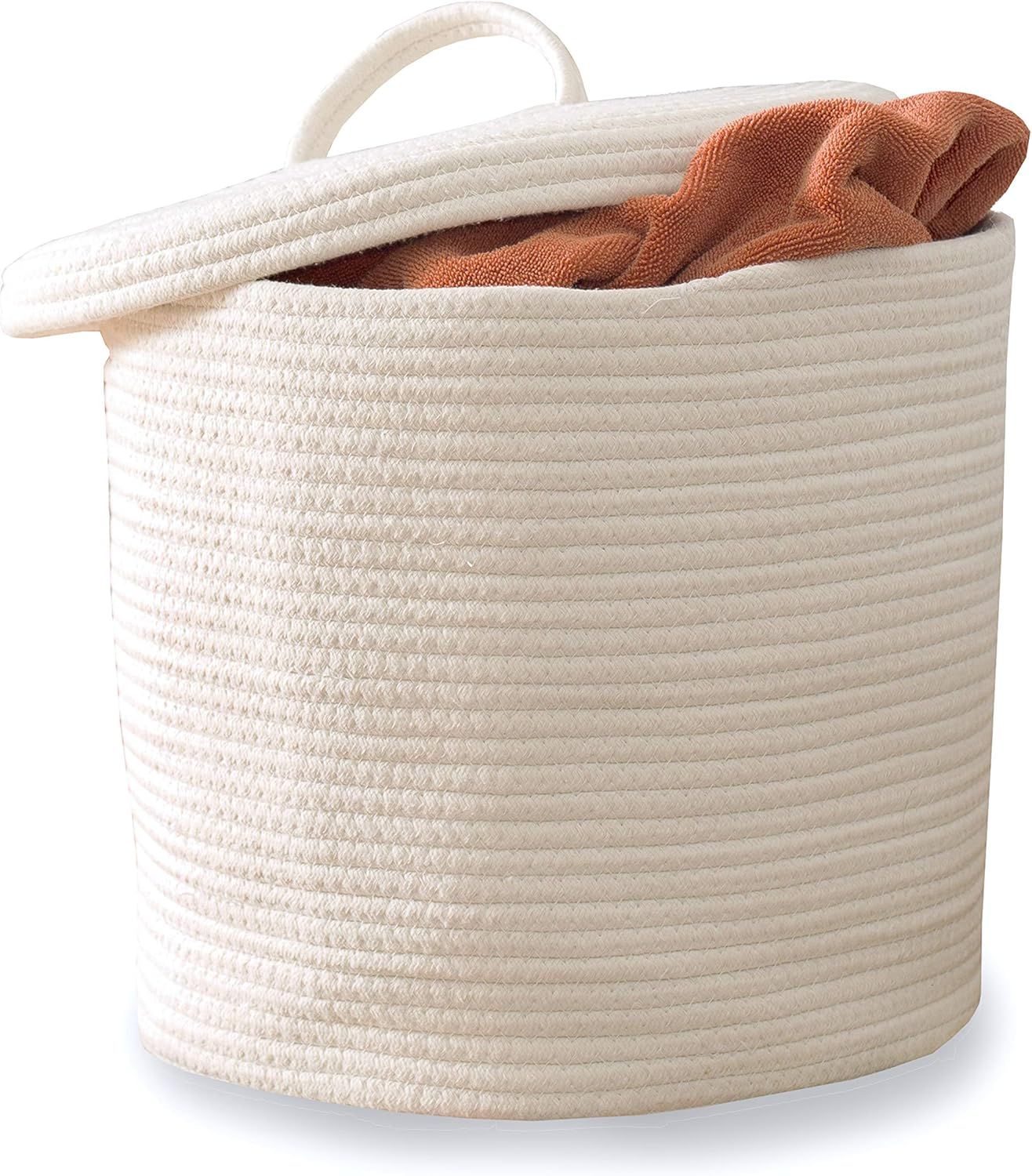 Cotton Rope Storage Basket- Large Woven Baskets with Lid and Handles 15" x 13" | for Nursery, Lau... | Amazon (US)
