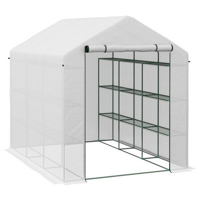 Outsunny Walk-in Greenhouse with Roll-up Zipper Door, 18 Shelves, PE Cover, Small & Portable Build, Humidity Seal, 95.25" x 70.75" x 82.75", White | Target