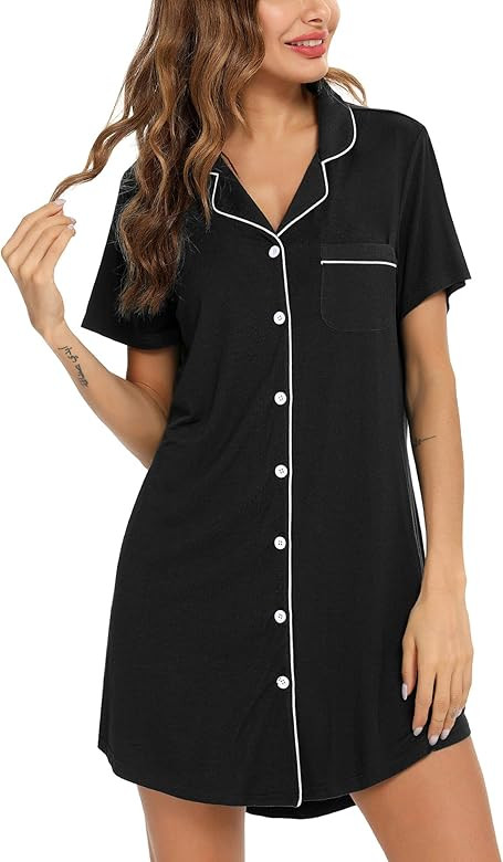 Gepansis Nightgowns for Women Button Down Nightshirt Short Sleeve Sleepshirt Soft Pajama Dress | Amazon (US)