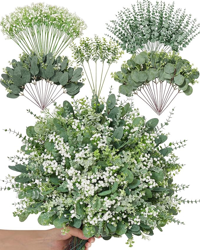 Alecono 100 Pcs 5 Kinds Mixed Artificial Greenery Eucalyptus Stems Bulk, Babys Breath Artificial ... | Amazon (US)
