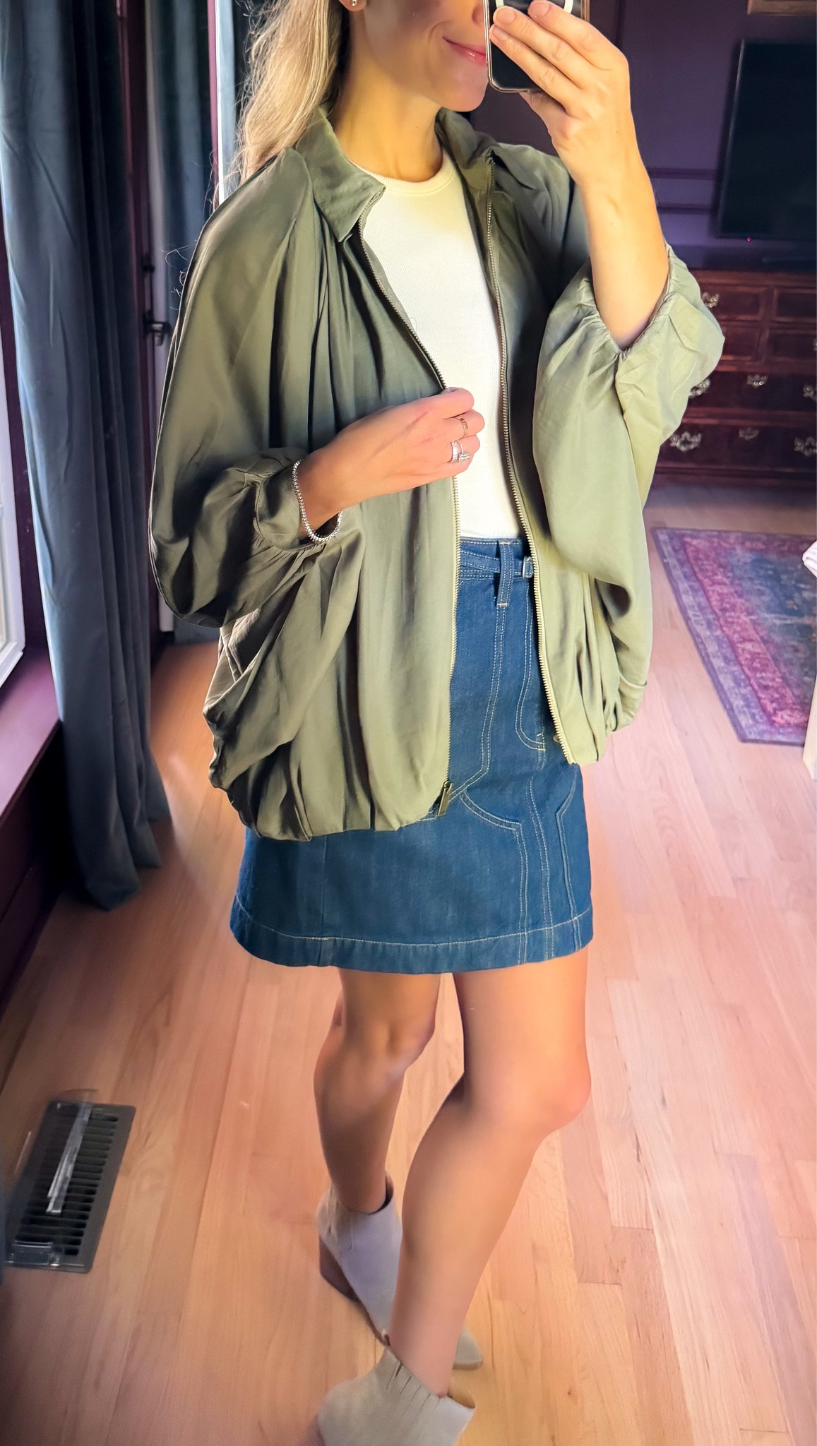 Amazon fall outfit cardigan coat jacket sweaters bomber jacket jean skirt denim skirt casual outfit nuuds rib top tshirt boots booties