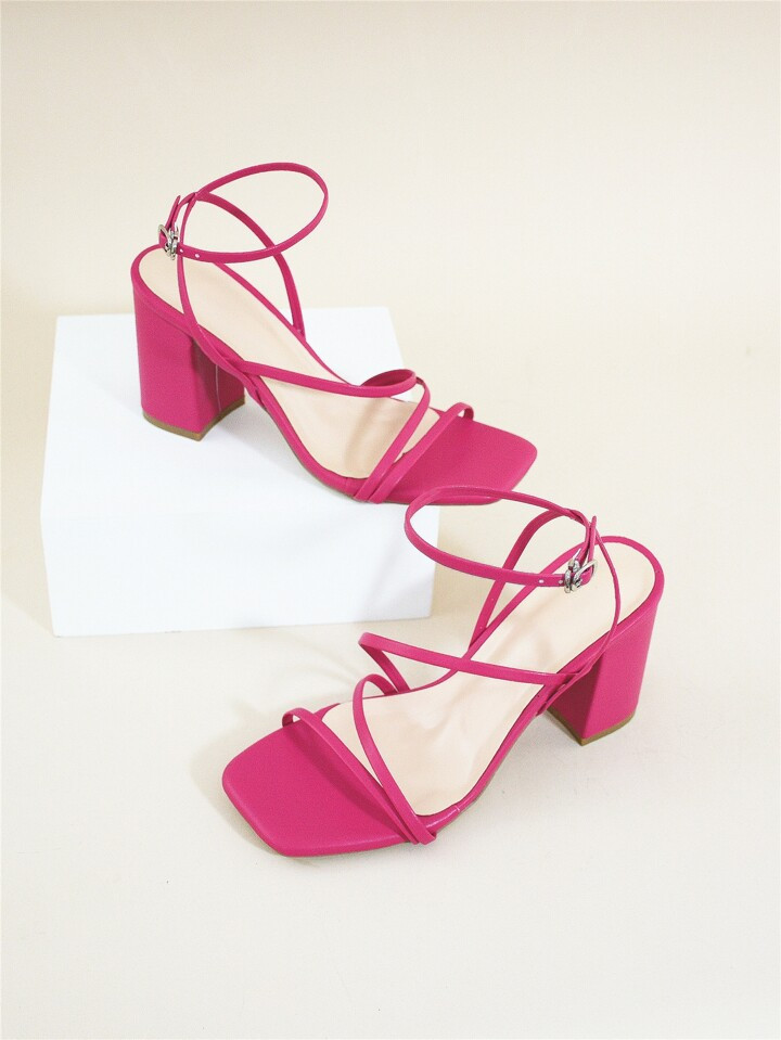 Women Minimalist Chunky Heeled Ankle Strap Hot Pink Sandals, Fashion Summer Heeled Sandals | SHEIN