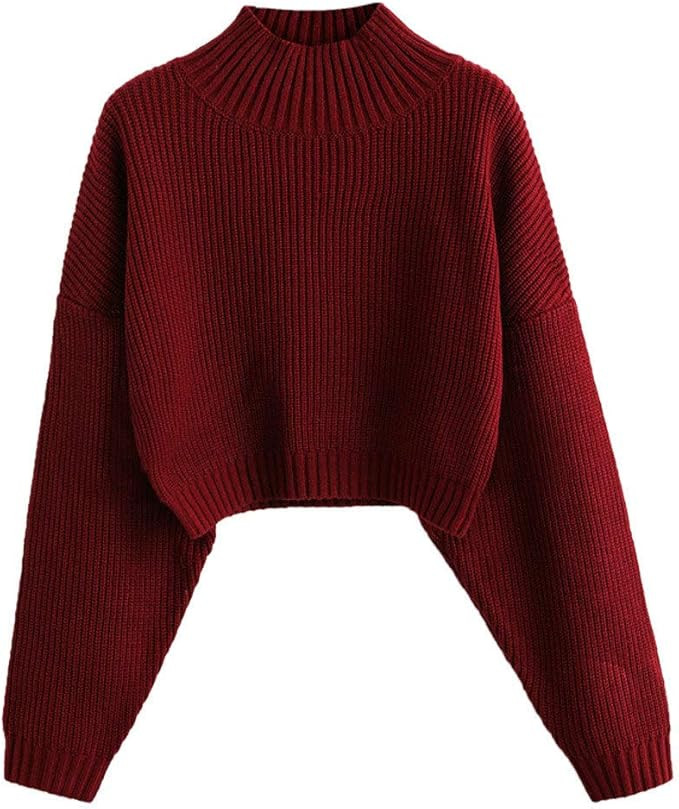 ZAFUL Women's Pullover Sweater Drop Shoulder Plain Knitted Cropped Sweater Pullover Solid Long Sl... | Amazon (US)