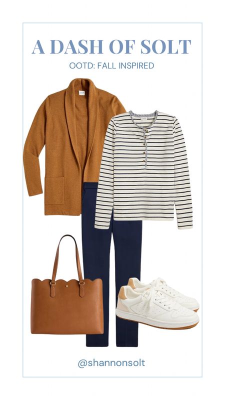 Super easy and cute fall outfit that is perfect for busy moms! The navy pants from J.Crew Factory are a dream! So flattering and so comfortable. Easily dressed up or down. 

Fall outfit, fall style, outfit of the day, preppy, preppy outfit, mom style, sweater blazer, striped top, brown leather tote, canvas sneakers, sneakers, J.Crew, J.Crew, stripes, navy pants, work outfit 

#LTKstyletip #LTKfindsunder100 #LTKSeasonal