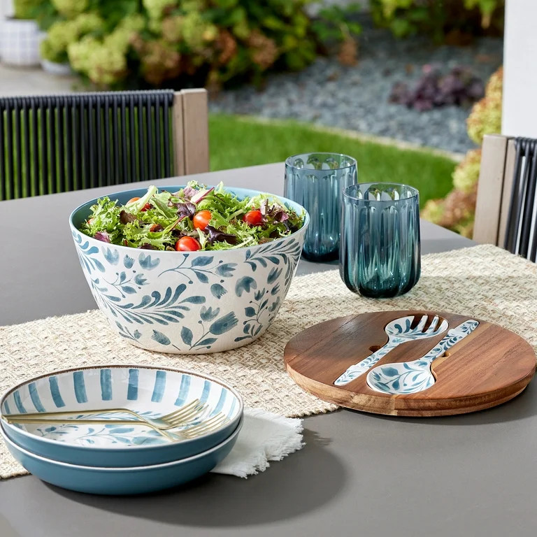 Better Homes & Gardens 4-Piece Bamboo Melamine Salad Serving Bowl and Utensil Set with Acacia Woo... | Walmart (US)