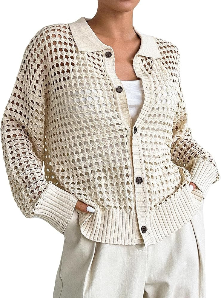 QWINEE Women's Crochet Cardigan Sweater Lightweight Cardigan Hollow Out Sweater Long Sleeve Butto... | Amazon (US)