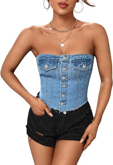 GORGLITTER Women's Denim Corset Top Y2K Strapless Button Up Crop Tube Top | Amazon (US)