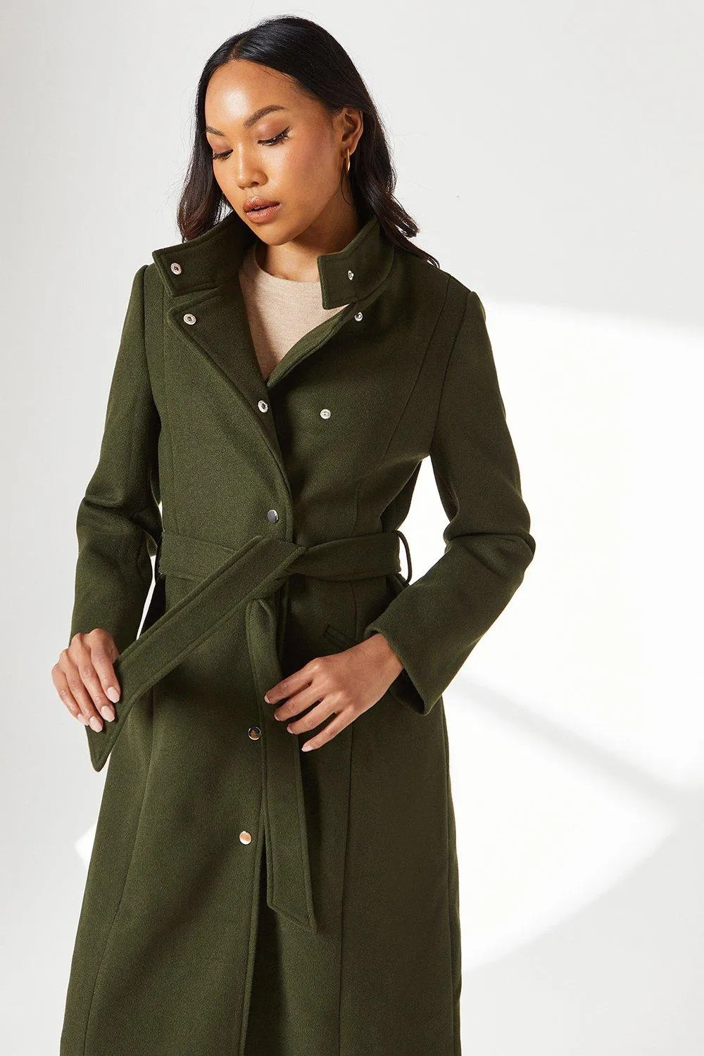 Jackets & Coats | Button Detail Funnel Neck Belted Wrap Coat | Principles | Debenhams UK