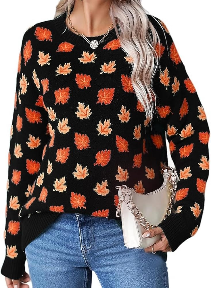 Chvity Women's Fall Leaf Trendy Jacquard Sweater Casual Knitted Soft Cozy Pullover Sweaters | Amazon (US)