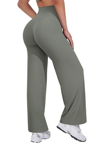 VOYJOY Straight Leggings Bottoms Wide Leg Pants for Women 29"/ 31.5"/33"/35" High Waist Stretch Casual Sweatpants Gray Green | Amazon (US)