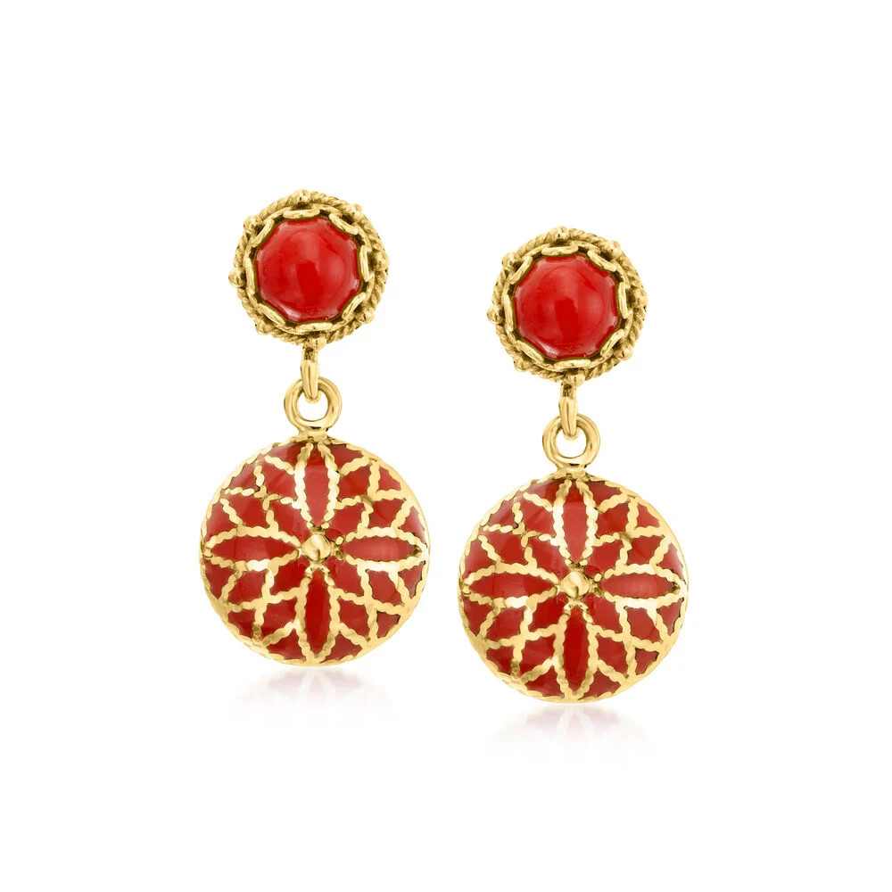 Red Coral Drop Earrings with Red Enamel in 18kt Gold Over Sterling | Ross-Simons
