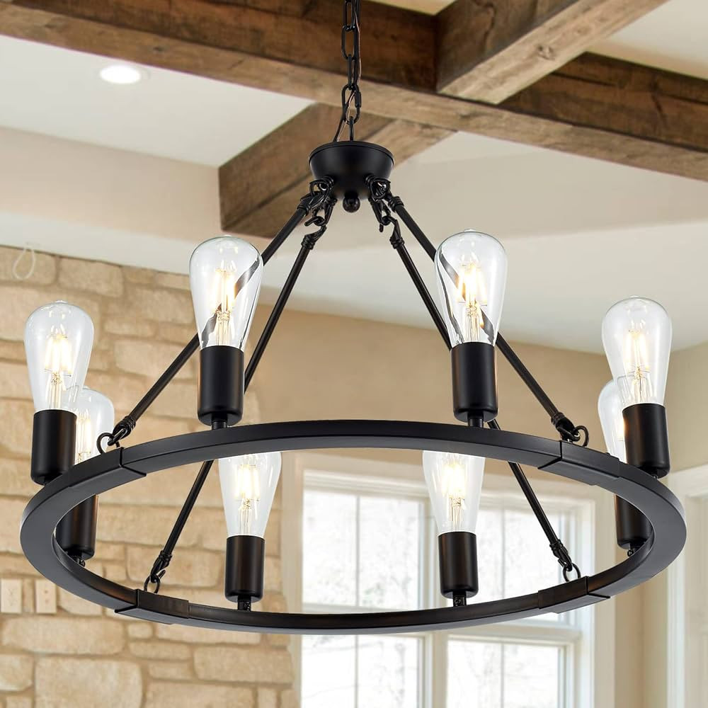 lighceac Black Farmhouse Wagon Wheel Chandelier 8-Light 23.6'' Vintage Industrial Round Hanging C... | Amazon (US)