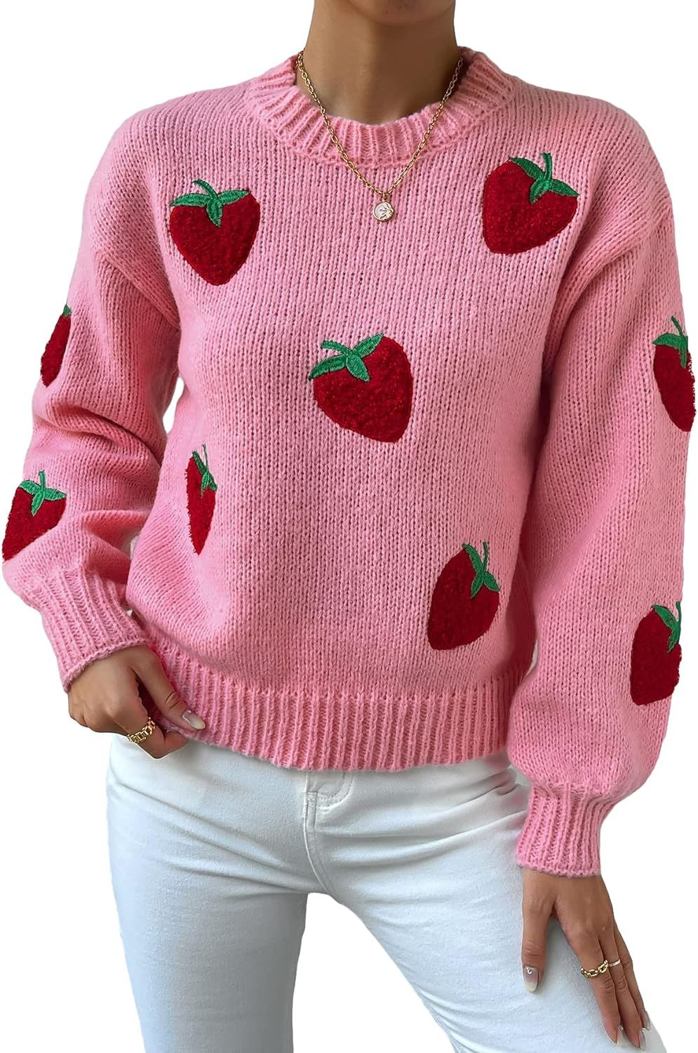 SHENHE Women's Cute Strawberry Print Crew Neck Drop Shoulder Sweater Pullover Top | Amazon (US)