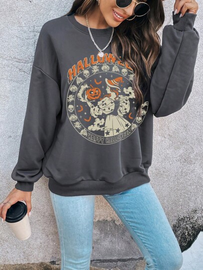 SHEIN LUNE Slogan & Skull Print Drop Shoulder Sweatshirt | SHEIN