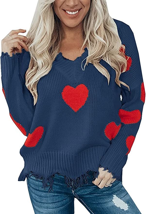 Women's Heart Pattern Ripped Sweater V Neck Distressed Knit Pullover Jumper Top | Amazon (US)