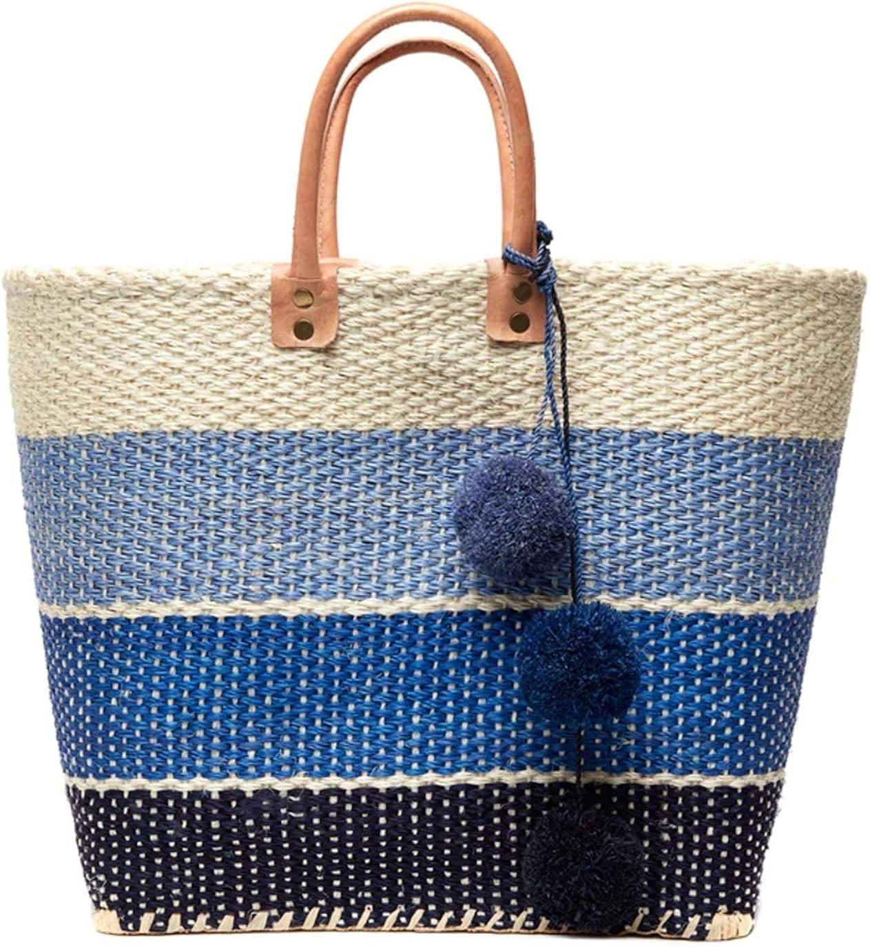 Mar Y Sol Samana Ombre Stripe Sisal Market Tote Straw XL Beach Bag w Pom Pom | Amazon (US)