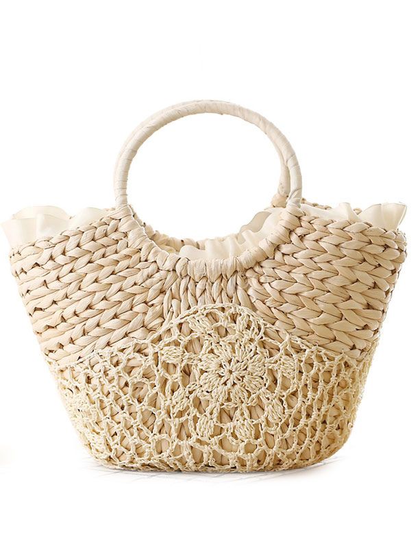 Straw Beach Bag Ring Strap Ribbon Trim Crochet Tote Bags For Women | Milanoo