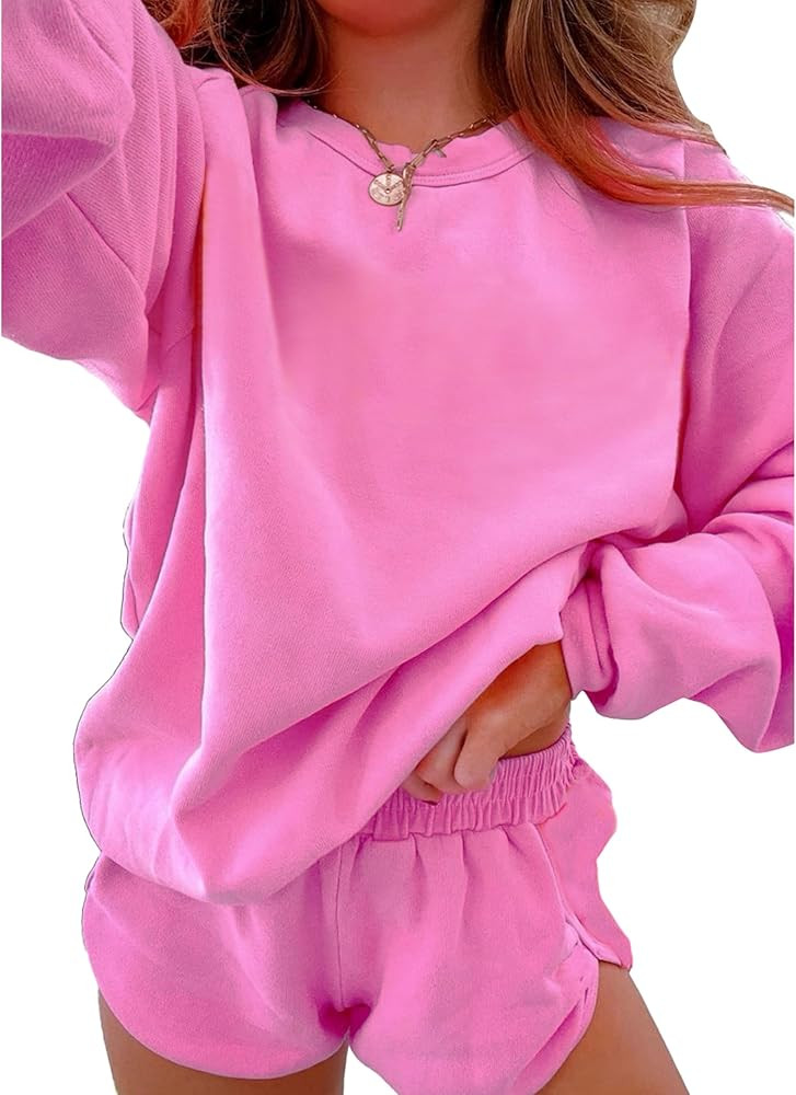 SELINK Women 2 Piece Outfits Sweatsuit Casual Long Sleeve Pullover and Shorts Sets Travel Tracksu... | Amazon (US)