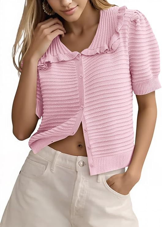 Cicy Bell Womens Ruffle Cardigan Sweater Puff Short Sleeve Button Up Eyelet Tops Ribbed Knit Pete... | Amazon (US)