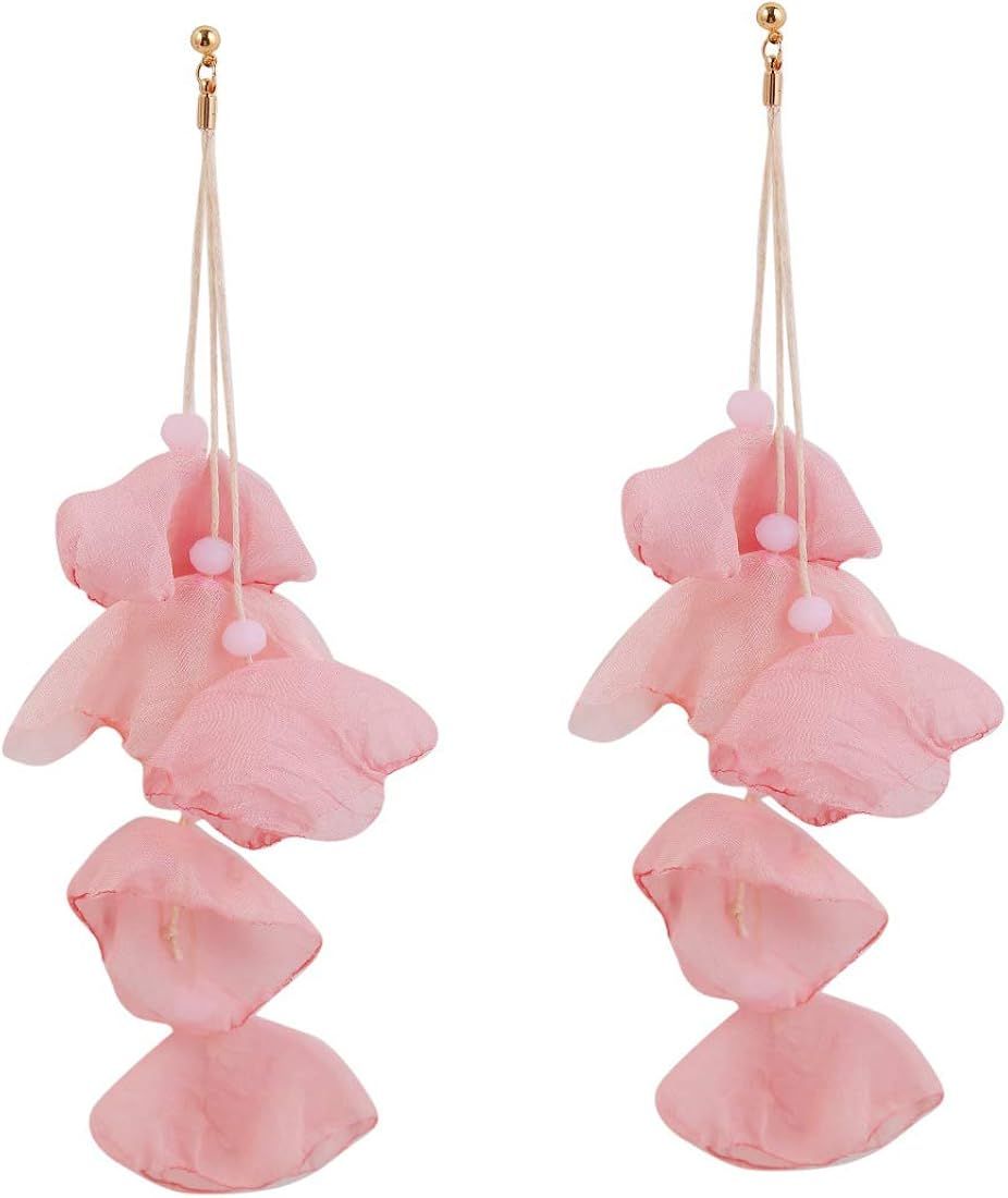 Floral Chiffon Earrings for Women - Tiered Flower Statement Tassel Earrings Long Chandelier Drop ... | Amazon (US)