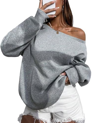 Hilinker Women's Off Shoulder Sweatshirt Casual Loose Long Sleeve Pullover Tops Grey Small | Amazon (US)