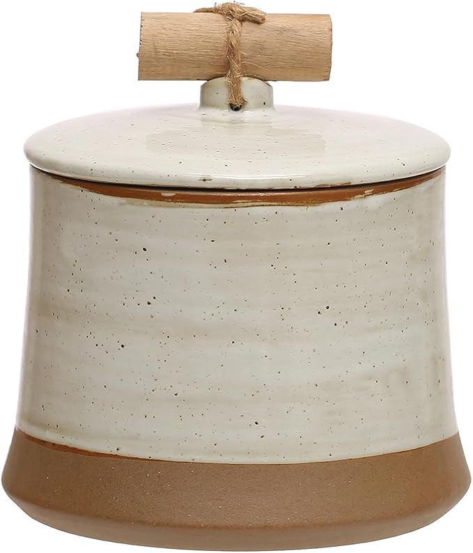 Bloomingville 5 Inches Round Stoneware Lid and Pine Wood and Jute Handle in Reactive Glaze, Beige... | Amazon (US)