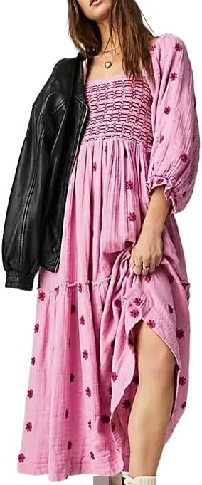 Boho Floral Puff Sleeve Dresses for Women 2024 Y2k Embroidered Flowy Smocked Maxi Dress Square Ne... | Amazon (US)