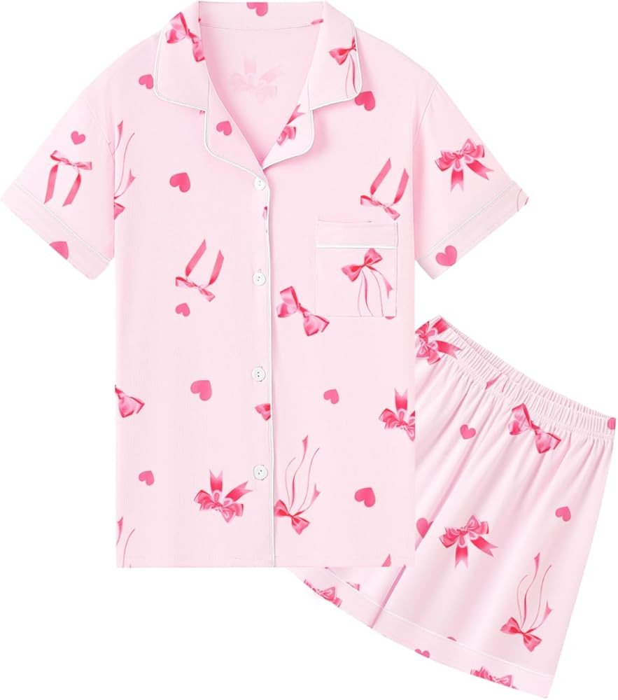 QZH.DUAO Girls & Women's Pajamas Set 100% Cotton PJ Set Button-Down Short Sleeve Sleepwear for Ag... | Amazon (US)