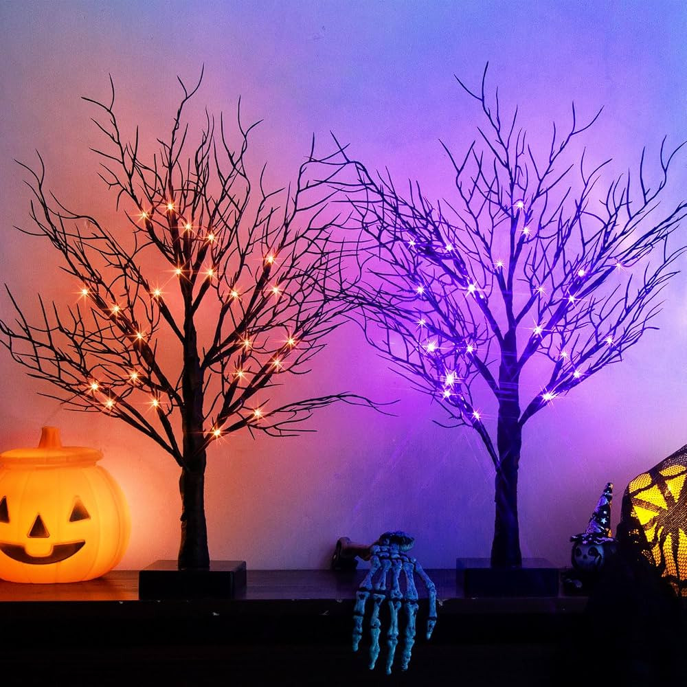 PEIDUO Halloween Decorations Indoor, Black Halloween Tree with 24 Dual-Color Orange & Purple Ligh... | Amazon (US)