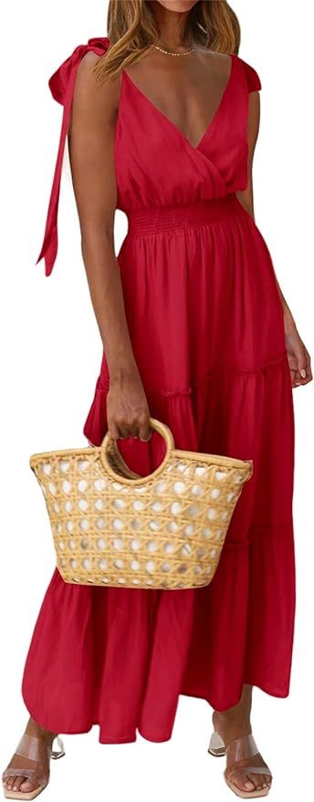 PRETTYGARDEN Women's Cross Neck Summer Sleeveless Tiered Maxi Dress Beach Tie Strap Smocked Long ... | Amazon (US)