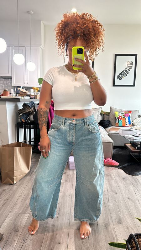 Finally snagged the Free People Barrel Jeans and I’m in love! The sizing is a little off! Im normally a 32 in everything. But Im wearing a 31 and still have room in them. They fit comfortably! 

#LTKStyleTip #LTKFindsUnder100 #LTKMidsize