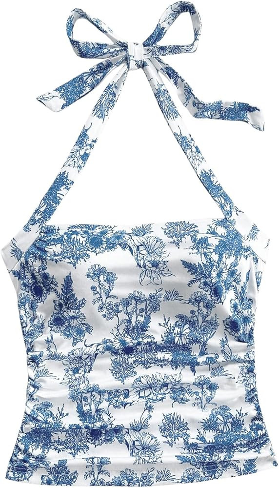 WDIRARA Women's Floral Print Halter Top Ruched Tie Backless Sleeveless Boho Crop Tops | Amazon (US)